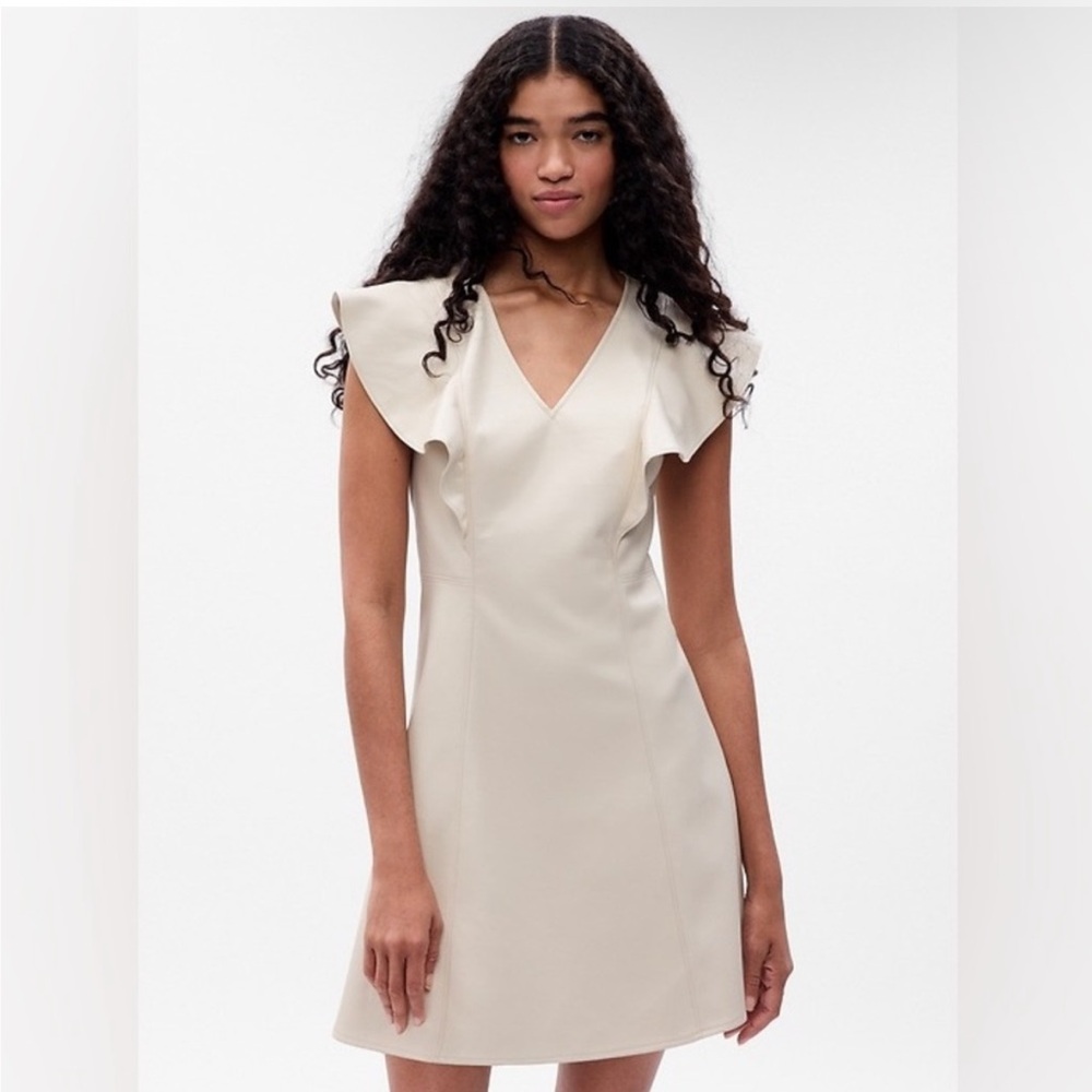 V-Neck Flutter Sleeve Leather Dress